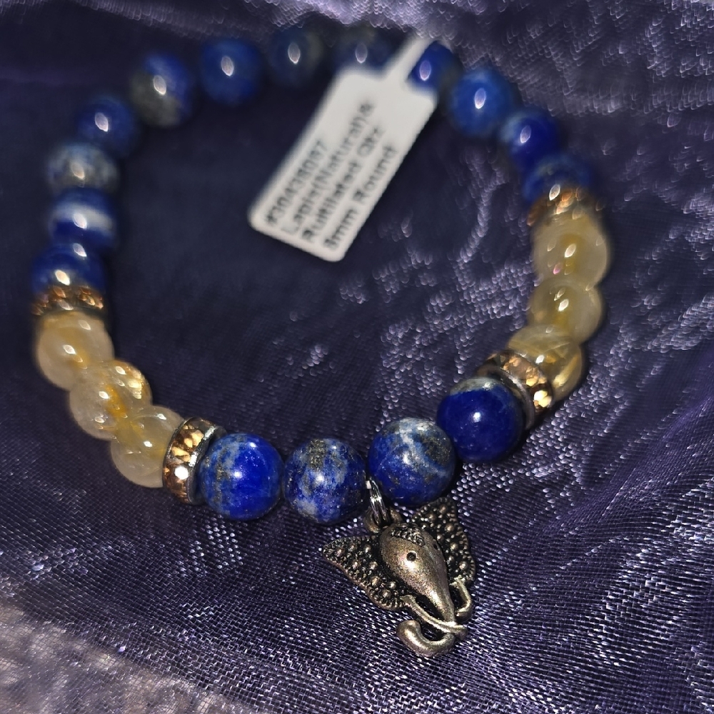 Lapis Lazuli, Rutilated Quartz, With Ganesha charm Bracelet